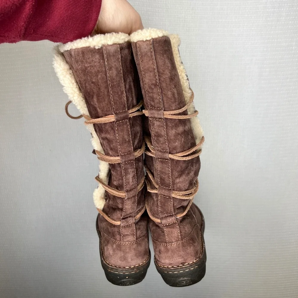 UGG Australia Sunburst Tall Chocolate Brown Suede Shearling Lace Up Boots Womens